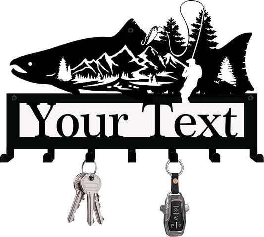 NIWAHO Salmon Fish Key Holder with Personalized Name - Custom Metal Wall Mounted Hook Rack for Entryway, Kitchen, Rustic Cabin Decor