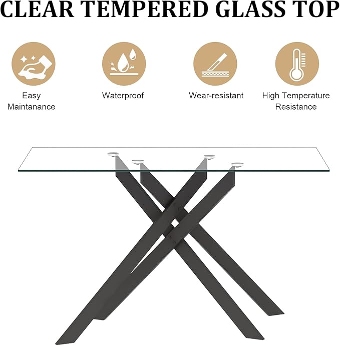 51.2" Glass Dining Table, Modern Kitchen Table for 4-6 People, Contemporary Rectangular Dining Room Dinner Tables with Clear Glass Top & Black Metal X Legs for Kitchen Apartment