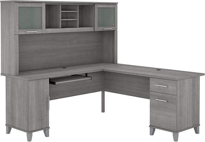 Bush Furniture Somerset L Shaped Desk with Hutch in Platinum Gray | Corner Computer Table with Drawers, Cabinets and Pullout Keyboard/Laptop Tray for Home Office