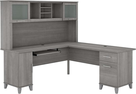 Bush Furniture Somerset L Shaped Desk with Hutch in Platinum Gray | Corner Computer Table with Drawers, Cabinets and Pullout Keyboard/Laptop Tray for Home Office