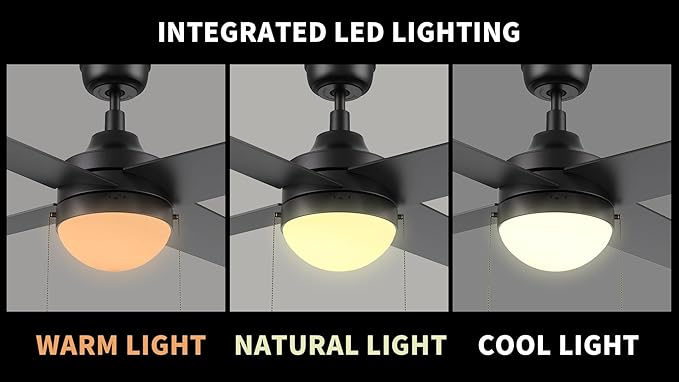 CEME 52" Ceiling Fan with Light Low Profile, DC 5 Speeds Silent Ceiling Fan with Remote, 4 Dual Finish Blades, 3 Light Colors Dimmable LED for Bedroom Room, Black