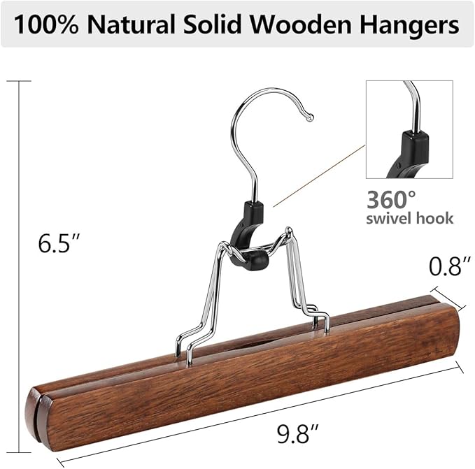 AMKUFO 12 Pack Wooden Pants Hangers with Clips Non Slip Skirt Hangers Walnut Trouser Clamp Hanger Solid Wood Hanger with 360° Swivel Hook
