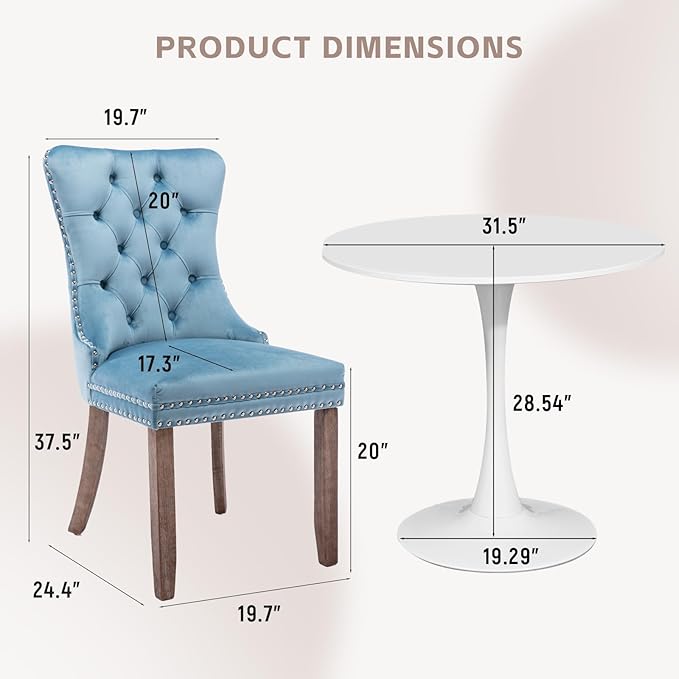 SoarFlash Kitchen Table and Chairs for 2, 31.5" Dining Table Set for 2 with Velvet Upholstered Chairs, 3 Piece Round Kitchen Table Set, Dining Room Table Set for Small Space, Apartment, Sky-Blue/White