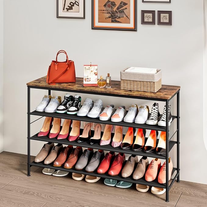 Shoe Rack Organizer 4 Tier Long Metal Organizer Shelf with Industrial MDF Board and Layer Fabric for Entryway Closet Bedroom Living Room Garage,Black & Rustic Brown