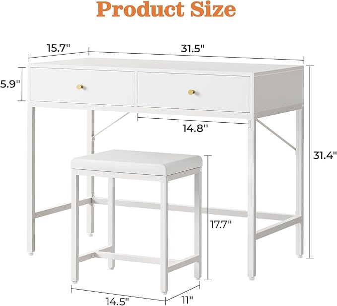 SUPERJARE 31.5" White Desk with 2 Drawers, Modern Makeup Vanity with Padded Stool, Small Computer Desk Home Office Desk for Writing Study Bedroom