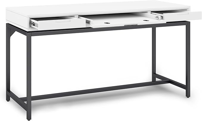 SIMPLIHOME Banting Desk - 60-Inch Wide Solid Hardwood and Metal Writing Desk in White, Modern Industrial Home Office Computer Table for Study with 2 Drawers and Flip-Down Keyboard Tray