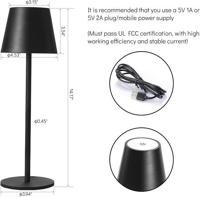 Maksone 2 Pack LED Cordless Table Lamp, 6600mWh Rechargeable Battery Desk Lamp, 3000K Stepless Dimming Night Light, IP54 Waterproof Metal Outdoor Portable Lamp for Restaurant, Patio (Black)