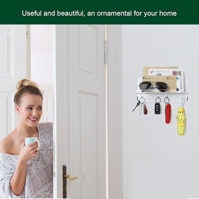 Decorative Wall Key Holder - Acrylic Mounted Key Hooks with Shelf, Entryway Rack, Mail Organizer, Living Room Decor (Clear)