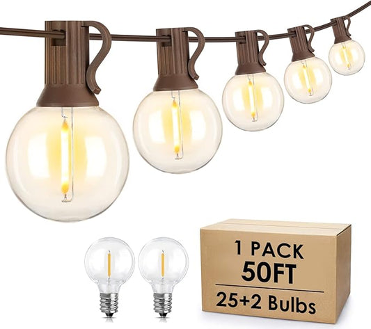 Mlambert 50Ft Outdoor String Lights, G40 Globe Patio Lights with 25+2 Waterproof LED Hanging Plastic Bulbs for Gazebo Pergola Cafe Bedroom-Brown Wire