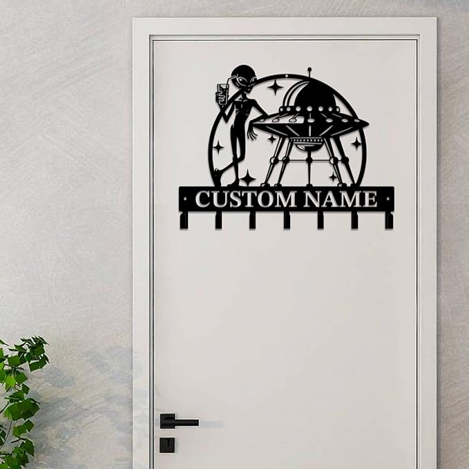 Personalized Custom Alien ET UFO Metal Wall Keys Hooks,Clothes Hooks Alien ET Art coat racks,door holder,Black Alien ET decorations for home,Entrance doors,Hallway, Bedroom,Keys,Hats (Style J)