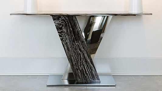Modern Malbec Black and Grey Marble Console Table with Polished Stainless Steel Base