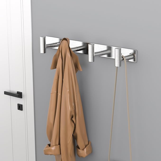 HUFEEOH T-Shaped Stainless Steel Coat Rack Wall Mount - 4 Heavy Duty Hooks for Bathroom, Mudroom Entryway, Durable Purse Hanger & Towel Rack