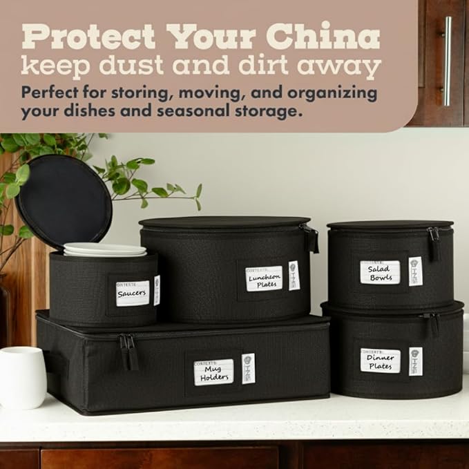 Hard Shell China Storage Containers 5-Piece Set Moving Boxes for Dinnerware, Glasses, Plates, Mugs and Saucers Sturdy Dish Organizer with Dividers for Seasonal Storage - Service for 12 - Black Quilted