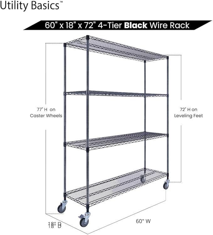 NSF Commercial 4-Tier Wire Shelving with Wheels, 60"x18"x72" Heavy Duty Metal Shelves 3200 lbs Max Capacity, Black Storage Rack for Garage Kitchen Pantry Warehouse