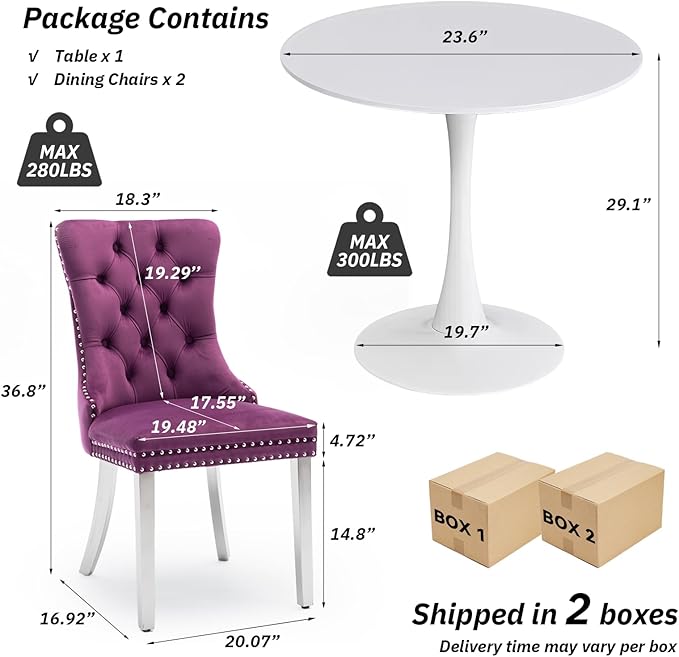 SoarFlash Kitchen Table and Chairs for 2, 24" Dining Table Set for 2 with Velvet Upholstered Chairs, 3 Piece Round Kitchen Table Set, Dining Room Table Set for Small Space, Apartment