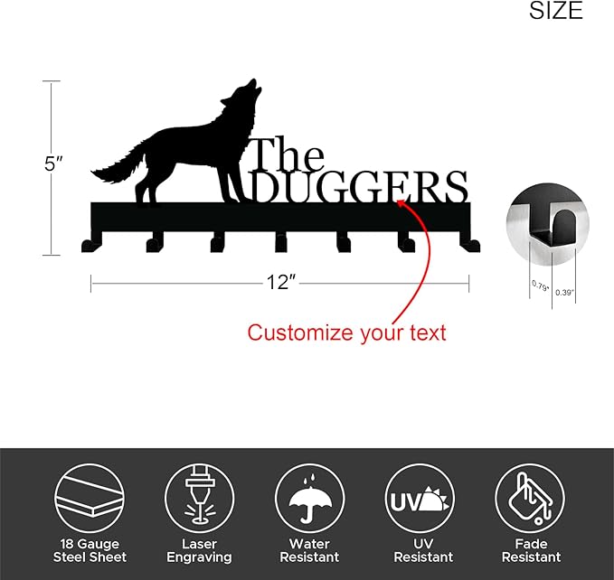 Personalized Key Holder with Name, Custom Metal Wolf Silhouette Key Rack Hanger, Wall Organizer with 7 Hooks for Entryway, Front Door, Hallway, Kitchen, Farmhouse Decor