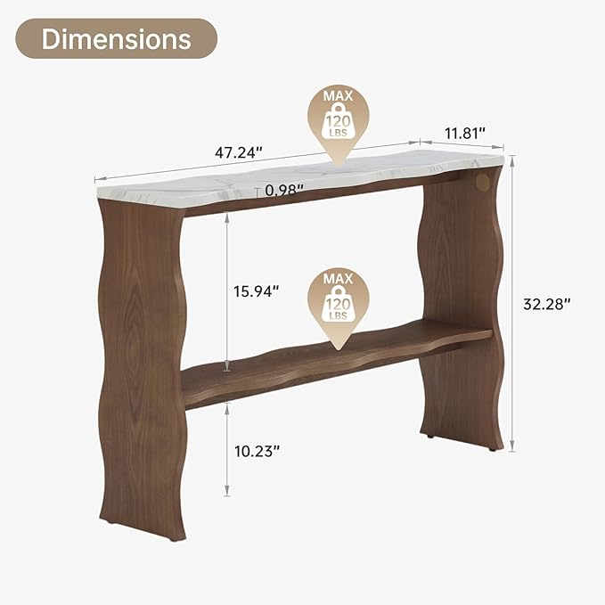 47-Inch Long Console Table, Marble Wooden Rectangular Sofa Table Behind The Couch, with Storage Shelf, Farmhouse Entryway Table for Entrance, Hallway, Living Room (Marble+Walnut)