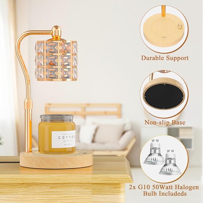 Candle Warmer Lamp with Timer, Candle Warmer Adjustable Height with 2 Bulbs, Dimmable Electric Candles Warming Lamp for Scented Jar Candles, Gold