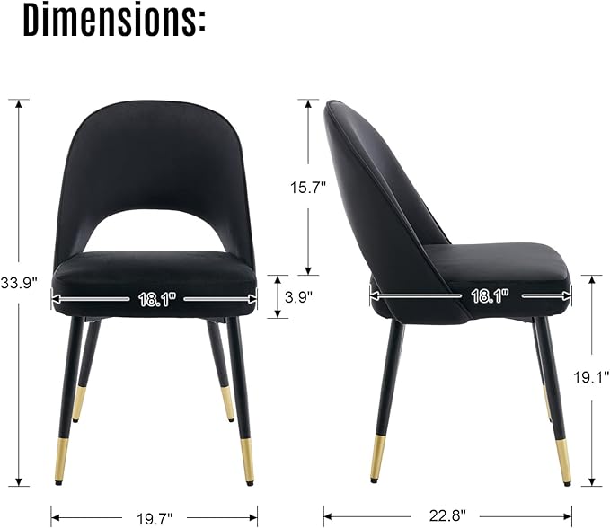 LukeAlon Mid Century Modern Dining Chairs Set of 2, Velvet Upholstered Open Back Kitchen Chairs with Gold Metal Legs, Armless Side Chairs for Dining Room, Living Room, Luxurious Black