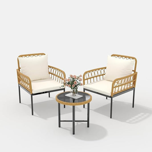 3-Piece All-Weather Wicker Rattan Bistro Patio Furniture Set with Glass Table and Thick Cushions, Beige - Ideal for Balcony, Garden, Backyard, and Poolside Conversation