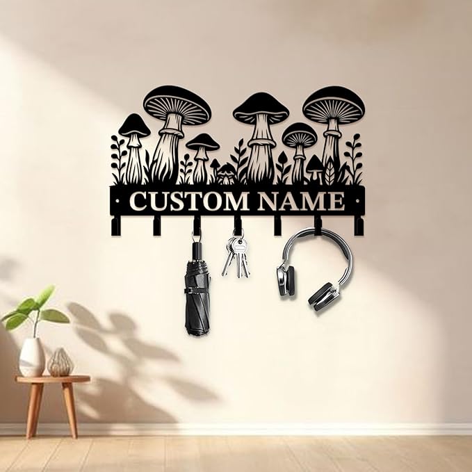 Customized Keys Holder - Personalized Mushroom Wonderland Key Hooks Wall Metal Sign Decor,Wall Holder,Door Hook (Style B)