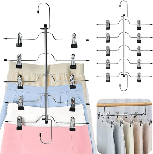 5 Tier Metal Skirt Hangers for Women, Pants Hanger Space Saving with Non Slip Adjustable Clips,Durable Heavy Duty Trouser Hangers for Jeans, Slacks, Shorts - 2 Pack