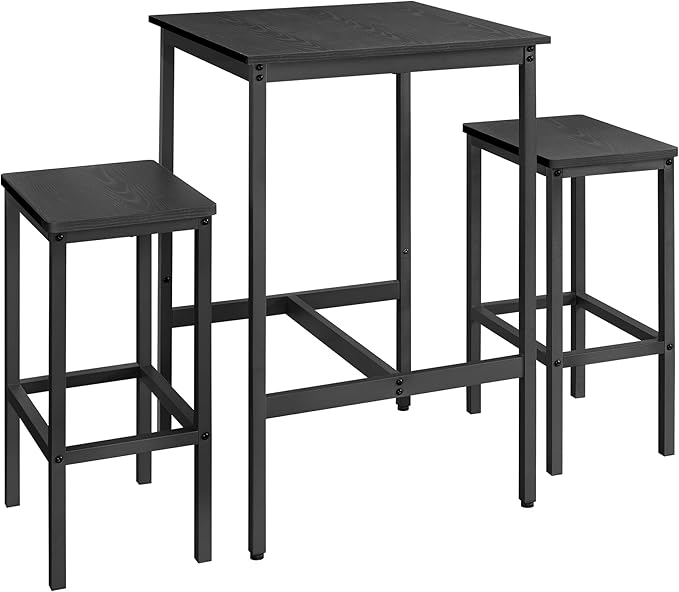 VASAGLE Bar Table and Chairs Set, Square Table with 2 Stools, Dining Pub Set for 2, Space Saving for Kitchen Breakfast, Living Room, Party Room, Ebony Black and Ink Black