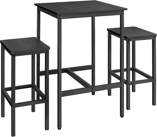 VASAGLE Bar Table and Chairs Set, Square Table with 2 Stools, Dining Pub Set for 2, Space Saving for Kitchen Breakfast, Living Room, Party Room, Ebony Black and Ink Black