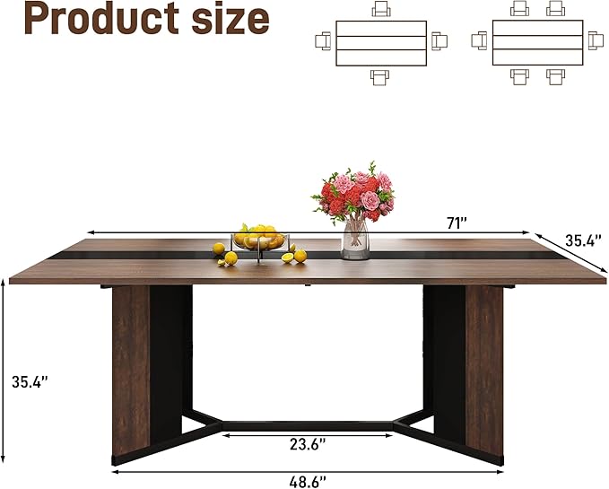 71 inch Dining Table for 4 5 6 | Modern Brown and Black Rectangular Kitchen Table W/Waterproof Wood Tabletop,Farmhouse Long Dining Room Tables W/Adjustable Legs&Wood Strip Base for Kitchen Living Room