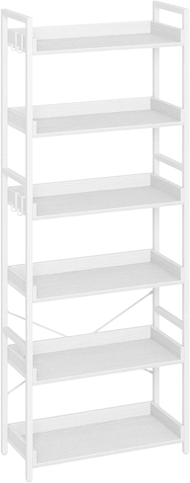 Rolanstar Bookshelf 6 Tier with 4 Hooks, Industrial Wood Bookcase, Vintage Storage Rack with Open Shelves, Rustic Standing Bookshelves Metal Frame Display Rack for Living Room, Bedroom, White