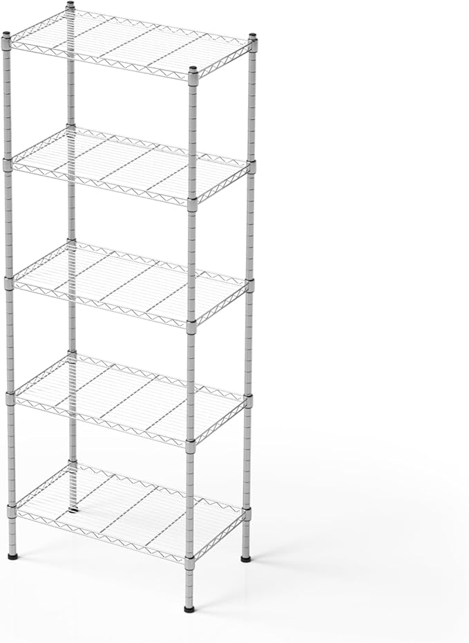 5 Tier Shelving Unit, 176 LBS Per Shelf Height Adjustable Narrow Storage Shelves, Heavy Duty Metal Garage Metal Shelves for Kitchen, Restaurant, Pantry, Laundry, 23"x 13.4"x 59", Chrome