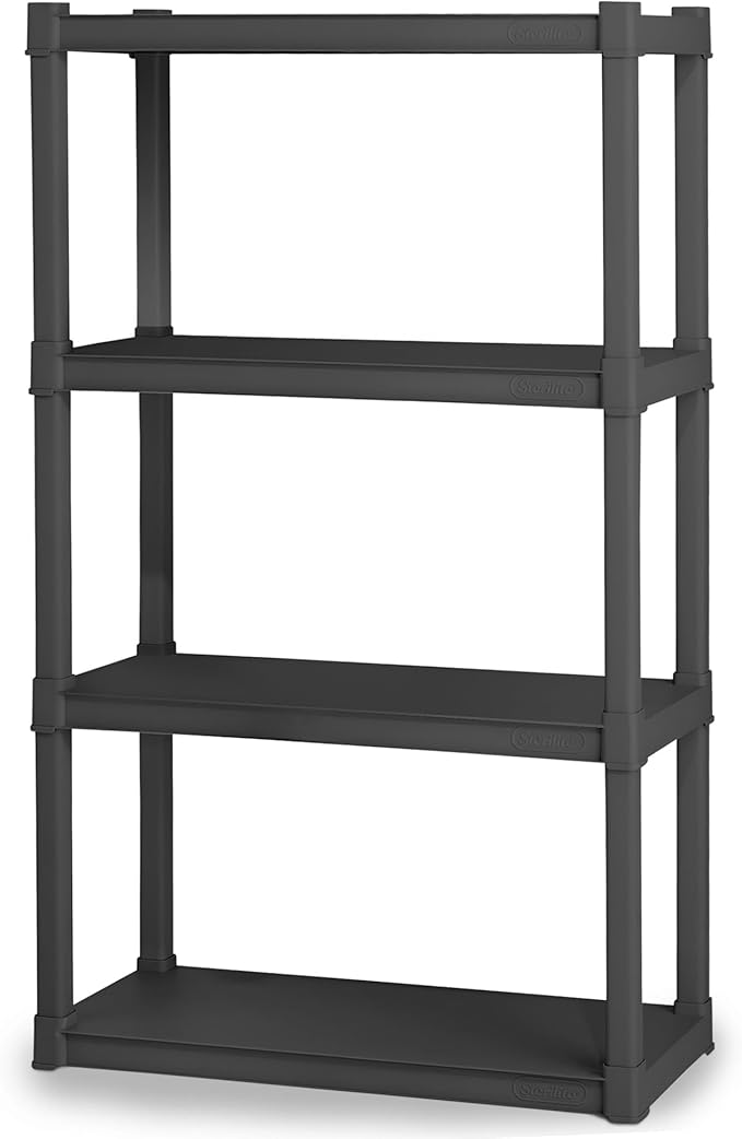 Sterilite 4-Shelf Plastic Storage Rack, Heavy Duty Shelving Unit for Garage, Gray