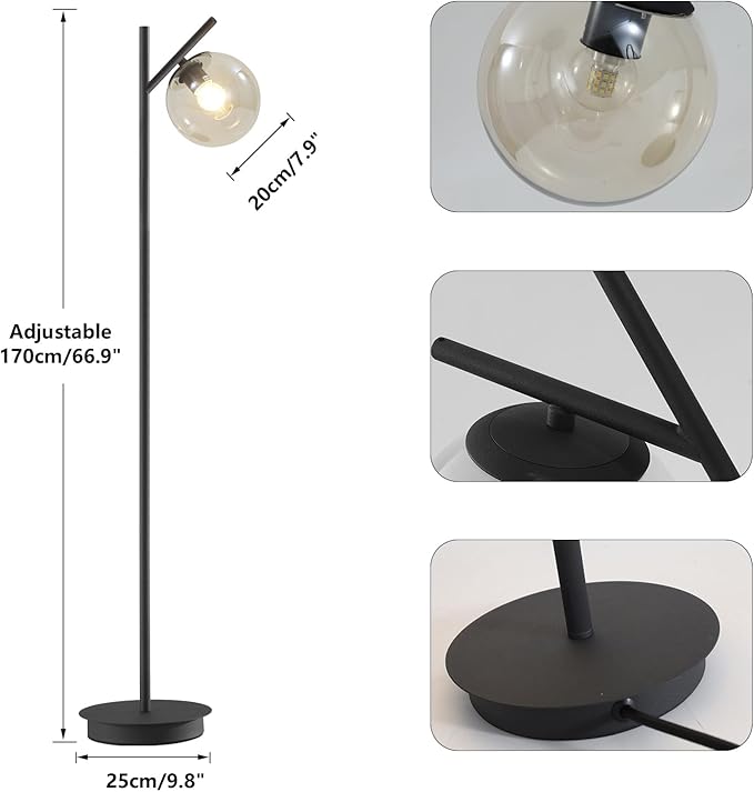 Vintage Floor Lamp for Living Room Mid Century Black Floor Freestanding Lamp Farmhouses Cognac Glass Globe Standing Tall Pole Lamp for Study Room Hotel Bedroom