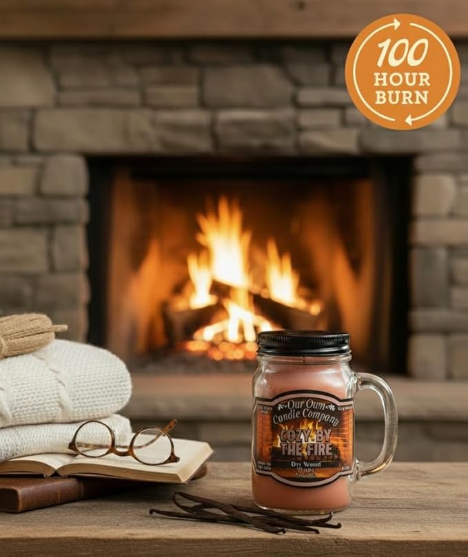 Our Own Candle Company, Cozy by The Fire Scented Mason Jar Candle, 100 Hour Burn Time,13 Ounces
