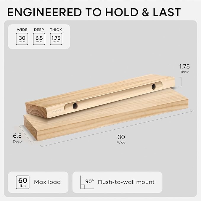 Homeforia 30 inch Natural Floating Shelf, High End Solid Real Wood 30inch Small Floating Shelves for Wall Mounted, Natural Wooden Floating Shelves, Heavy Duty Bracket, 30 X 6.5 X 1.75 in, Set of 4