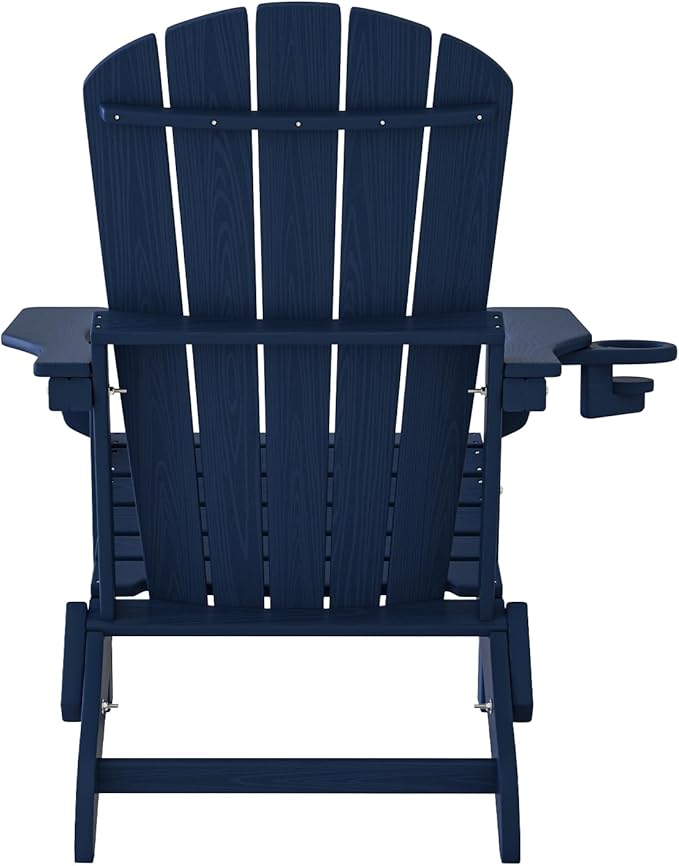 Plawdlik Folding Adirondack Chair, SGS Tested, Wooden Textured with Cup Holder, Heavy All-Weather HDPE Comfortable Set Poolside Backyard Lawn Navy Blue Set 4