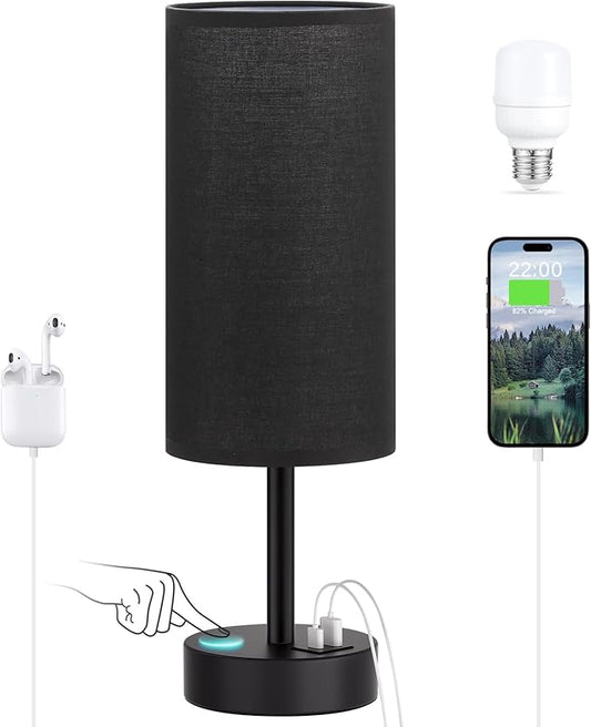 Dicoool Black Touch Bedroom Lamp with USB - 3 Way Dimmable Table Lamp for Bedroom, Nightstand Lamp with Black Charging Station for Desk Dorm, Office, Boy Kids Room, Small