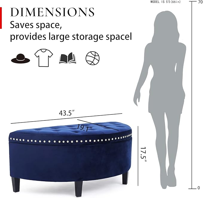 Homebeez 43.5" Half Moon Storage Ottoman Bench, Lift Top Velvet Storage Ottoman Bench for Bedroom Living Room (Navy Blue)
