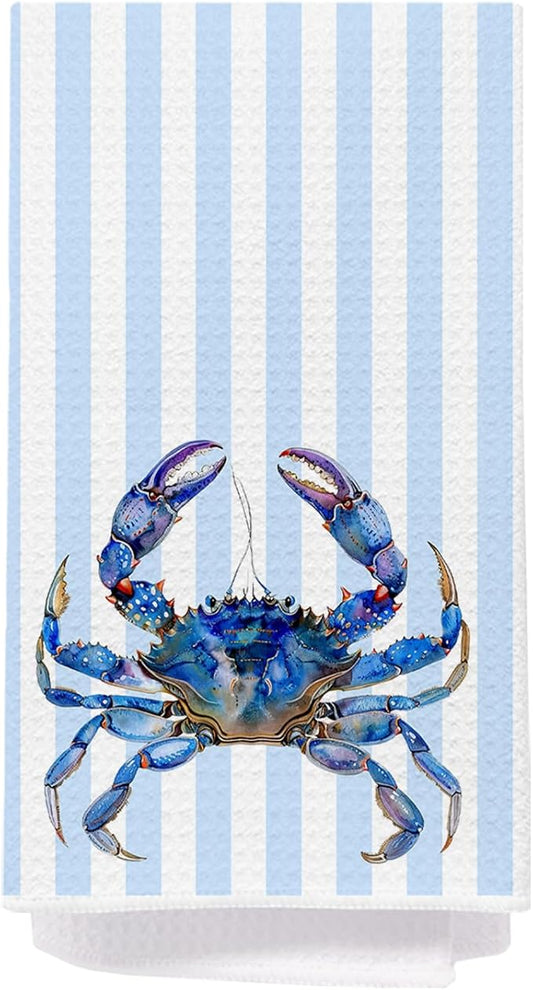 Blue Crab Coastal Bathroom Decor Hand Towels, Coastal Nautical Dish Tea Towels, Blue Striped Beach Ocean Animal Decorative Hand Towel for Bathroom Kitchen, 16x24 Inch