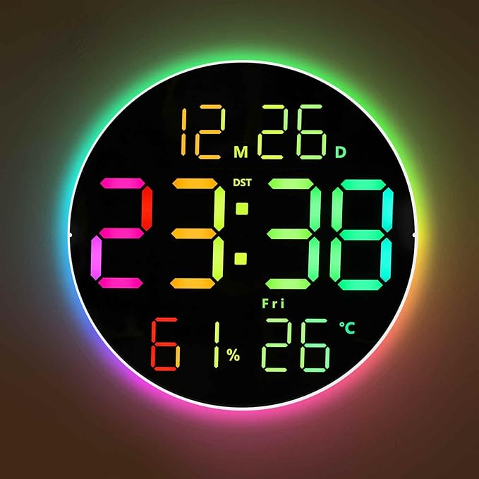 10 Inch Large Digital Wall Clock with 13 Color Changing Remote Control, Date Week Temperature, Auto Brightness Dimmer Big Clock with Night Lights,RGB