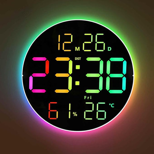 10 Inch Large Digital Wall Clock with 13 Color Changing Remote Control, Date Week Temperature, Auto Brightness Dimmer Big Clock with Night Lights,RGB