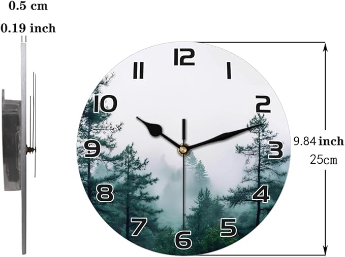 Foggy Pine Tree Forest Wall Clock Battery Operated 10 in Round Wall Clocks Slilent Non Ticking Quartz Analog Clock for Bedroom Kids Living Room Classroom Decor
