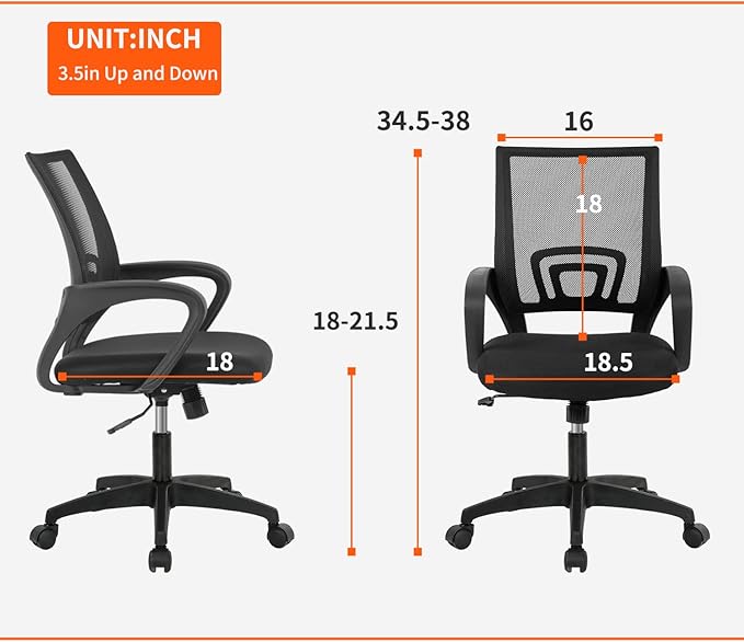 BestOffice | Ergonomic Office Chair | Mid-Back Swivel Desk Chair | Breathable Backrest & Lumbar Support | Adjustable Height | Sponge Seat | Rolling Wheels | Black | for Adults & Women