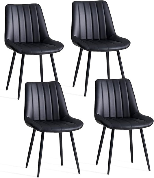 Dining Chairs Set of 4, Faux Leather Modern Linear Design Dining Chair with Metal Legs, 16.9" Seat Width Chair for Kitchen, Lounge, Reception Room, Restaurant, Commercial (Black)
