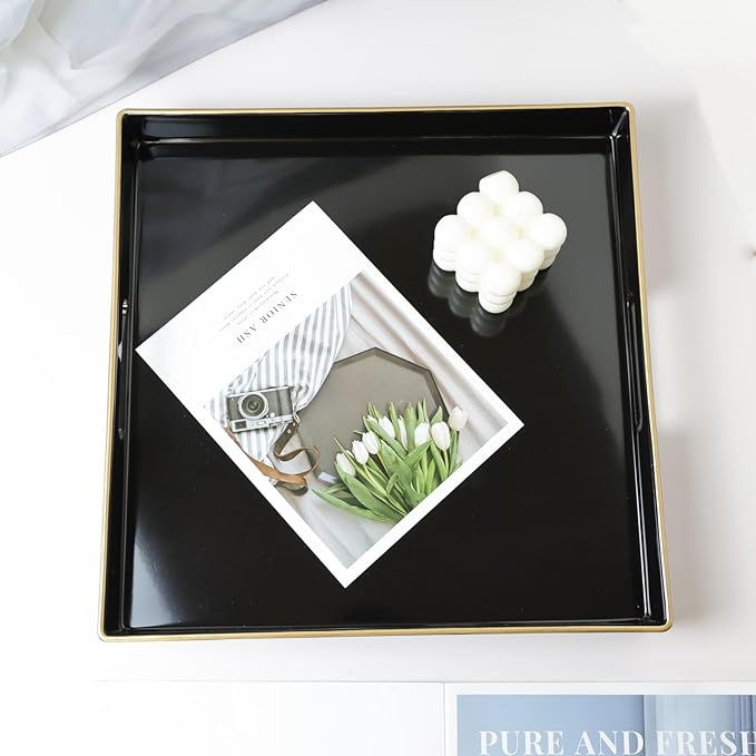 Spsyrine Black Decorative Tray for Living Room, Square Modern Plastic Coffee Serving Table Tray for Ottoman Bathroom Kitchen, 13"*13"