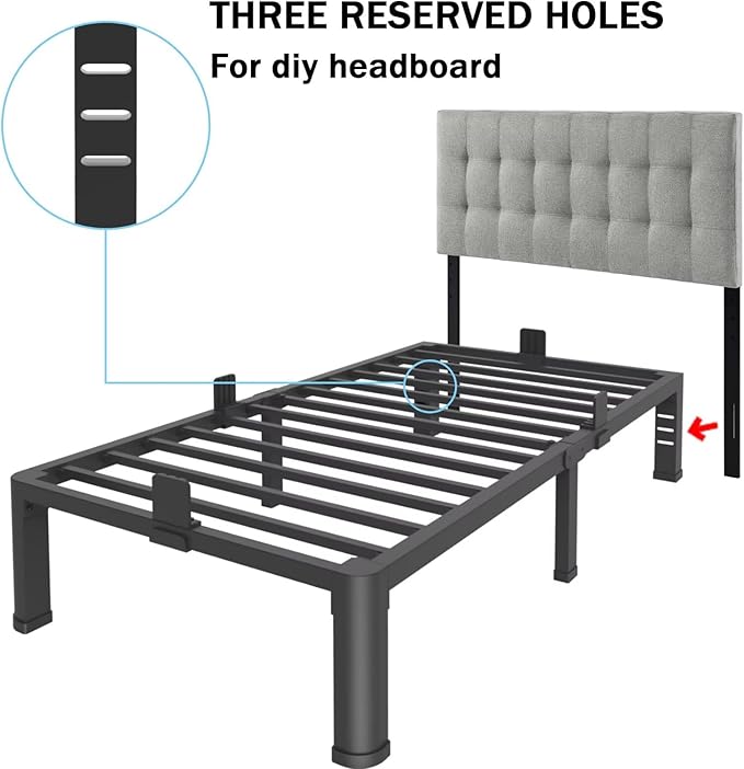 FUIOBYVV 14 Inch Twin XL Bed Frame with Rounded Corner and Headboard Hole Mattress Retainers 3500 LBS Metal Heavy Duty Steel Slats Support No Box Spring Needed Platform Noise Free Easy Assembly