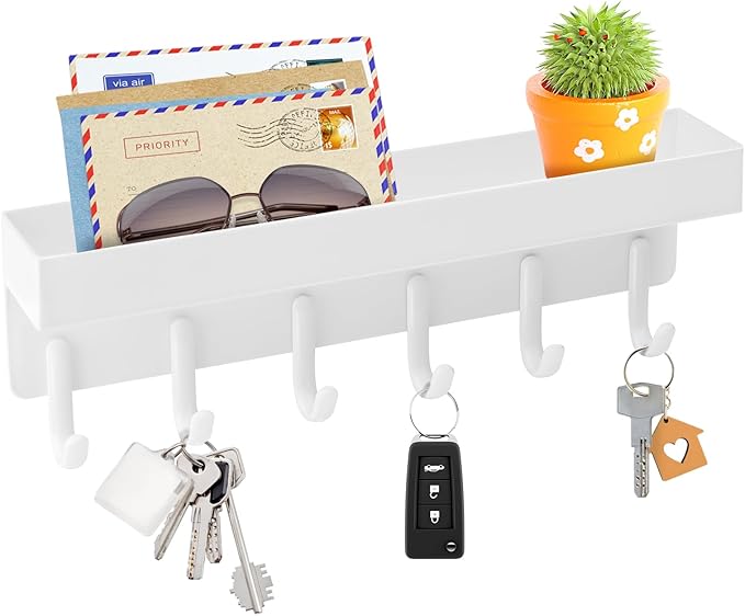 VIS'V Key Holder Wall Mount, Compact Adhesive Key Rack with Tray, 6 Hooks, 2 Mount Options, White