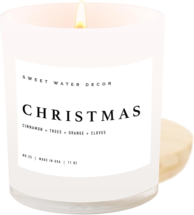 Sweet Water Decor Christmas Candle - Christmas Tree, Apple Cider, and Cinnamon, Winter Holiday Scented Soy Candles for Home - 11oz White Jar, 50+ Hour Burn Time, Made in The USA