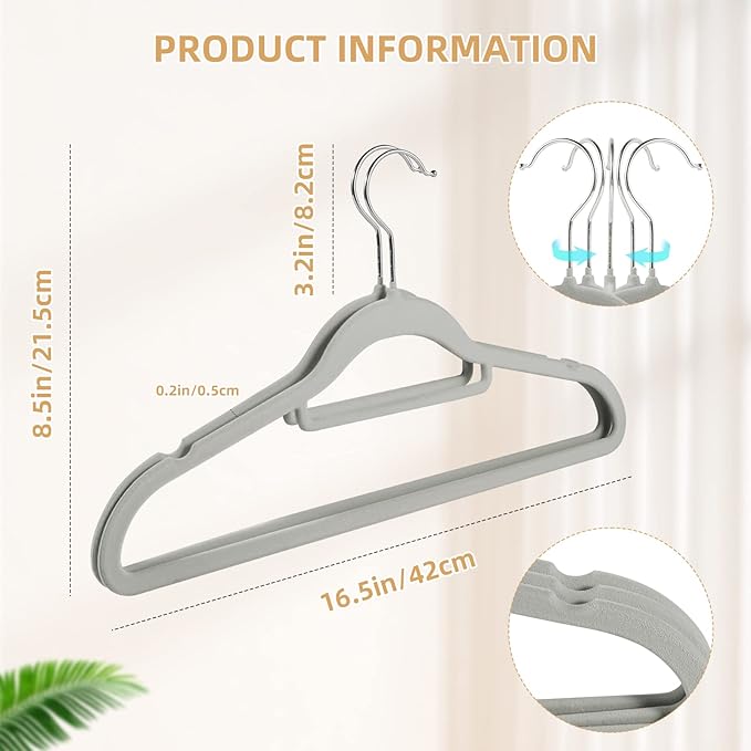 20 Pack of Grey Velvet Non-Slip Suit Hangers with 360°Swivel Hook - Heavy Duty, Space Saving, and Perfect for Adult Clothing.
