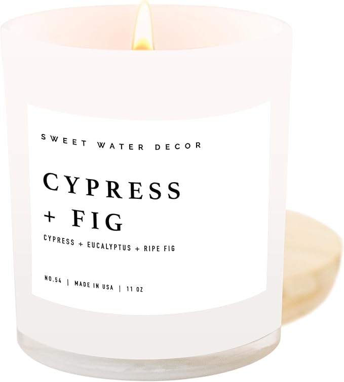 Sweet Water Decor Cypress and Fig Soy Candle | Tropical fruits, Wild Raspberry, Ripe Fig and Eucalyptus Holiday Scented Candles for Home | 11oz White Jar + Wood Lid, 50+ Hour Burn Time Made in the USA